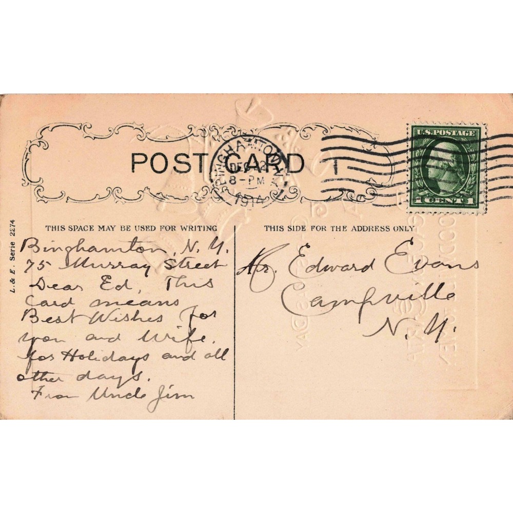 Vtg 1914 Christmas Postcard I Heard The Bells On Christmas Day L&E Serie 2274 - Picture 2 of 2